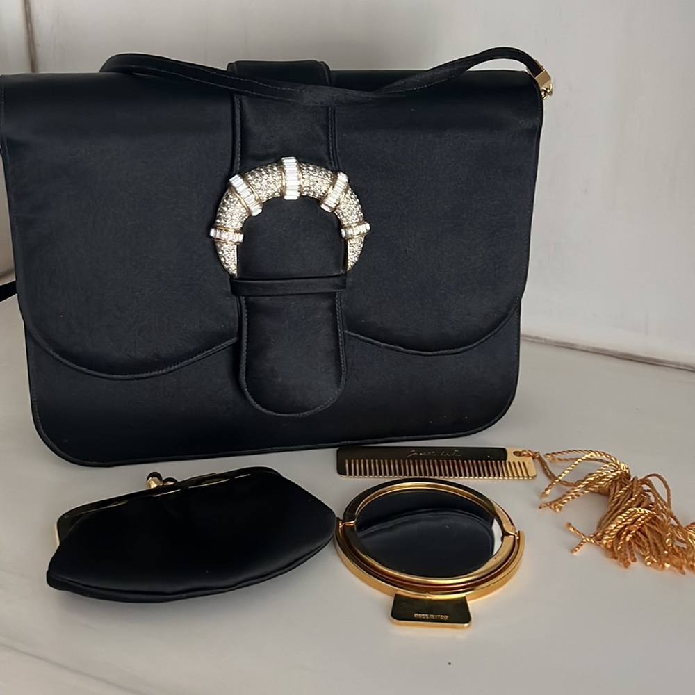 Elegant Judith Leiber Satin Black Purse with Rhinestone and Gold Toned Buckle